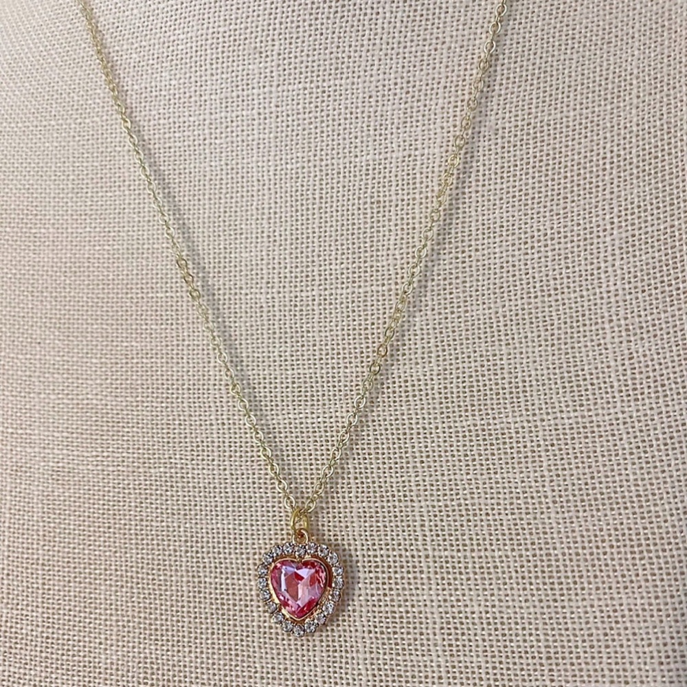 Gold plated Pink heart gem pendant gold necklace - Picture 3 of 3